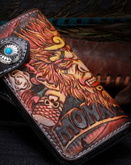 Handmade Long leather biker trucker Monkey King wallet leather chain men Brown Tooled wallet - EverHandmade