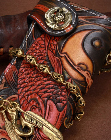 Handmade leather biker trucker Chinese carp wallet leather chain men Black Tooled wallet - EverHandmade