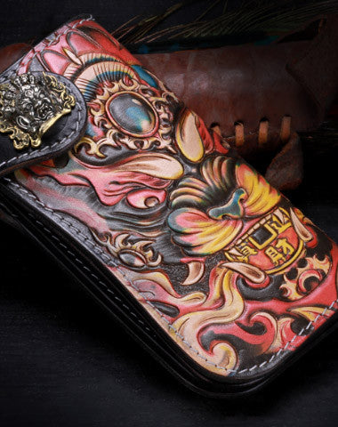 Handmade leather biker wallets Chinese monster wallet leather chain men Black Tooled wallet - EverHandmade