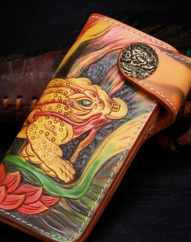 Handmade leather bufonid biker trucker eagle wallet leather chain men Black Tooled wallet - EverHandmade