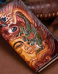 Handmade leather Brown Long Buddha devil wallet leather men clutch Tooled wallet