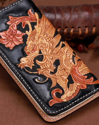 Handmade leather Long Black Chinese Dragon wallet leather men clutch Tooled wallet