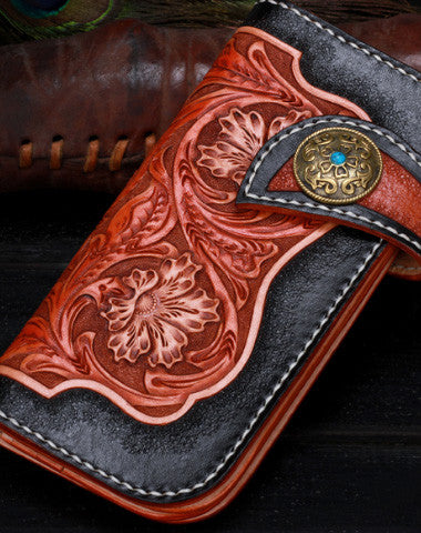 Handmade leather Long black floral biker trucker flowers wallet leather chain men Black Tooled wallet