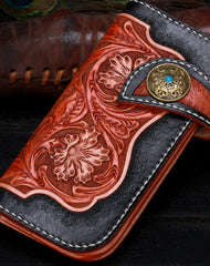 Handmade leather Long black floral biker trucker flowers wallet leather chain men Black Tooled wallet