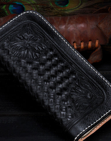 Handmade Tooled Long leather Black floral wallet leather men clutch Tooled wallet - EverHandmade