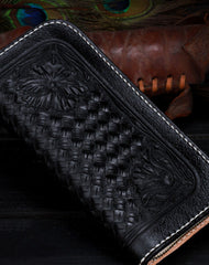 Handmade Tooled Long leather Black floral wallet leather men clutch Tooled wallet - EverHandmade