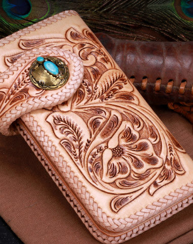Handmade leather beige floral biker trucker flowers wallet leather chain men Black Tooled wallet - EverHandmade