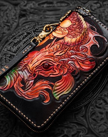 Handmade Leather Tooled Carp Mens Biker Chain Wallets Cool Leather Wallet Long Chain Wallets for Men