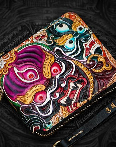 Handmade Leather Maheshvara Tooled Mens billfold Wallet Cool Chain Wallet Biker Wallet for Men
