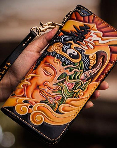 Handmade Leather Tooled At Whim Mens Chain Biker Wallet Cool Leather Wallet Long Phone Wallets for Men