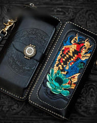 Handmade Leather Tooled Carp Mens Chain Biker Wallet Cool Leather Wallet Long Phone Wallets for Men