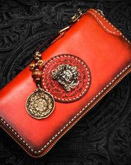 Handmade Leather Mahākāla Mens Chain Biker Wallet Cool Leather Wallet Long Clutch Wallets for Men