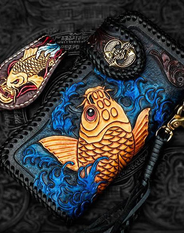 Handmade Leather Tooled Carp Mens Biker Chain Wallet Cool Leather Wallet Long Phone Wallets for Men