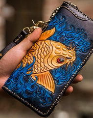 Handmade Leather Men Tooled Carp Cool Biker Leather Wallets Long Chain Wallets for Men