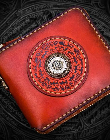 Handmade Leather Small Tibetan Tooled Mens billfold Wallet Cool Chain Wallet Biker Wallet for Men