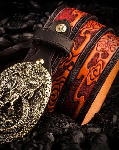 Handmade Leather Tooled Chinese Dragon Mens Belt Custom Cool Leather Men Belts for Men
