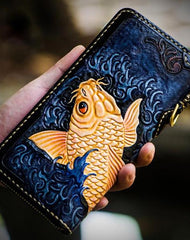 Handmade Leather Men Tooled Carp Cool Leather Biker Wallets Long Wallets for Men