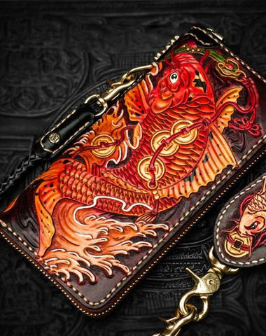 Handmade Leather Tooled Carp Mens Chain Biker Wallets Cool Leather Wallet Long Wallets for Men
