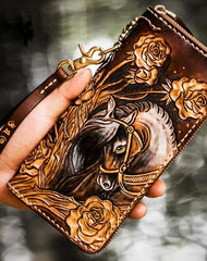 Handmade Leather Tooled Horse Mens Chain Biker Wallet Cool Leather Wallet Long Phone Wallets for Men