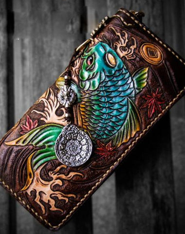 Handmade Leather Tooled Carp Mens Chain Biker Wallets Cool Leather Wallet Long Wallets for Men