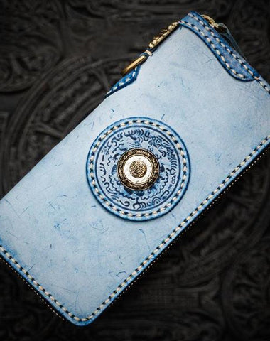 Handmade Leather Mens Tibetan Chain Biker Wallet Cool Leather Wallet Long Clutch Wallets for Men