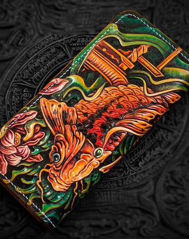 Handmade Leather Men Tooled Carp Cool Leather Wallet Long Phone Wallets for Men