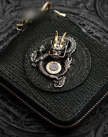 Handmade Leather Chinese Dragon Tooled Mens billfold Wallet Cool Chain Wallets Biker Wallet for Men