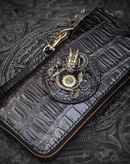Handmade Leather Chinese Dragon Mens Chain Biker Wallet Cool Leather Wallet Long Clutch Wallets for Men