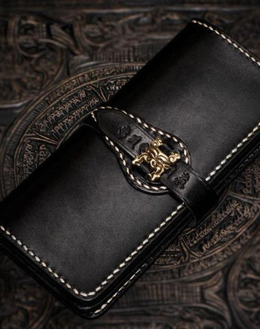 Handmade Leather Men Tooled Chinese Lion Cool Leather Wallet Long Phone Wallets for Men