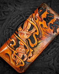 Handmade Leather Men Tooled Tibetan Pestle Cool Leather Wallet Long Phone Wallets for Men