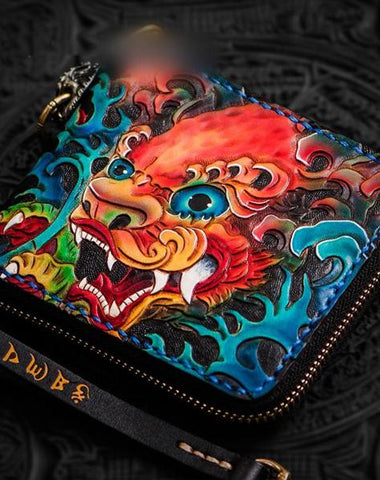 Handmade Leather Chinese Lion Tooled Mens billfold Wallet Cool Chain Wallet Biker Wallet for Men