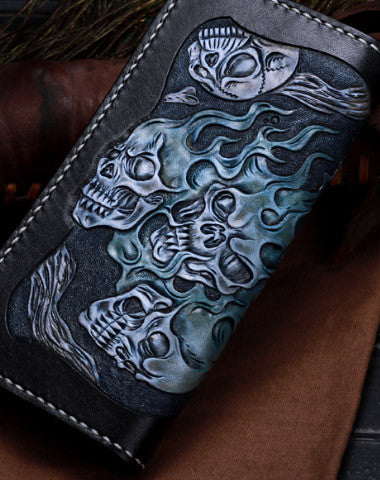 Handmade leather skull long biker trucker  wallet leather chain men Black Tooled wallet