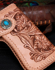 Handmade leather biker trucker beige floral wallet leather chain men Black Tooled wallet - EverHandmade