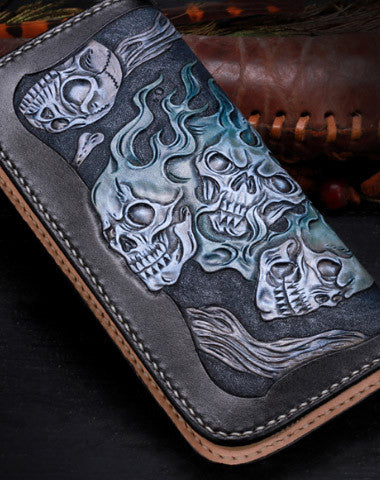 Handmade leather Long black skull wallet leather zipper Men clutch Tooled wallet - EverHandmade