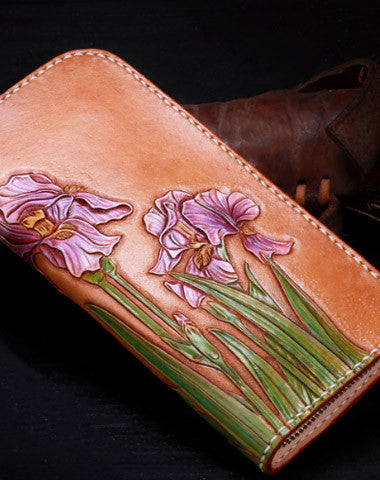 Handmade women leather Brown orchid flower wallet leather zip clutch Tooled wallet - EverHandmade