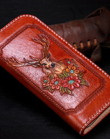 Handmade leather Brown deer wallet leather zip women clutch Tooled wallet - EverHandmade