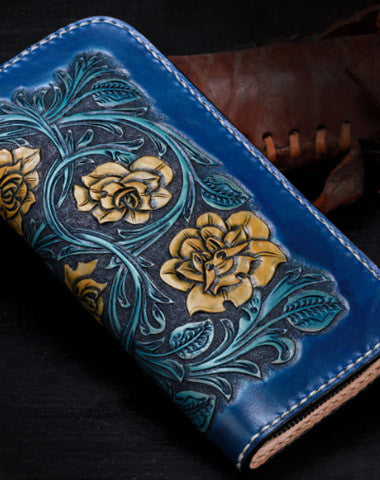 Handmade women leather Blue flowers wallet leather zip clutch Tooled wallet