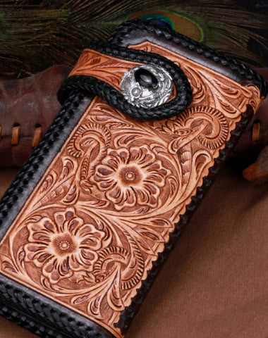 Handmade leather floral biker trucker brown wallet leather chain men Black Tooled wallet