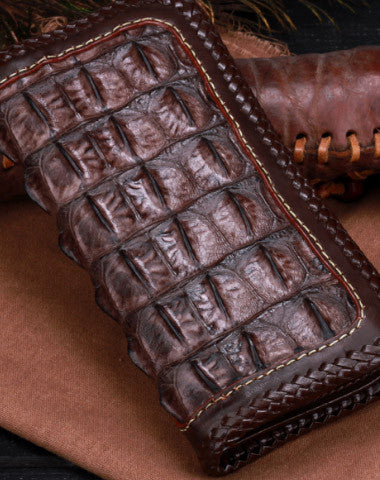 Handmade leather alligator skin long biker trucker wallet leather clutch men Black Tooled wallet - EverHandmade