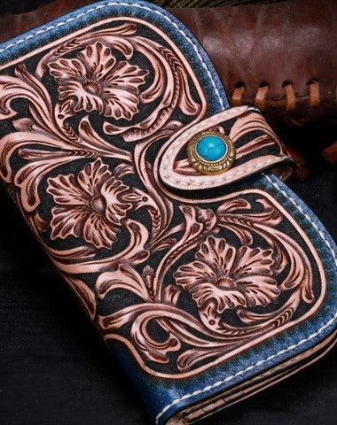 Handmade leather Blue Floral women wallet leather men  clutch Tooled wallet