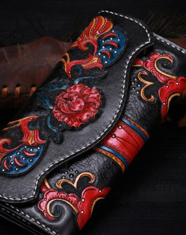 Handmade leather Black phoenix flowers wallet leather men women clutch Tooled wallet - EverHandmade