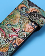 Handmade leather Long biker trucker wild Animal wallet leather chain men Black Carved Tooled wallet - EverHandmade