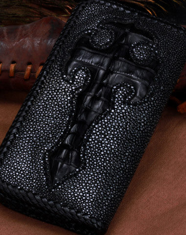 Handmade leather Pearl fish crocodile skin long biker trucker wallet leather clutch men Black Tooled wallet