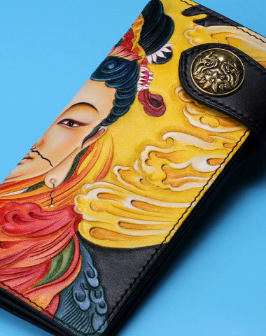 Handmade Long leather biker trucker Guanyin wallet leather chain men Black Carved Tooled wallet - EverHandmade