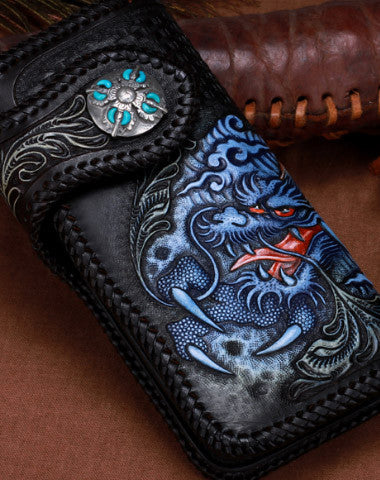 Handmade leather biker trucker Chinese Dragon wallet leather chain men Black Tooled wallet - EverHandmade