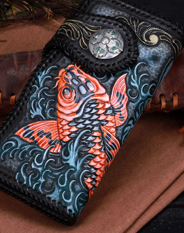 Handmade leather black carp floral biker trucker flowers wallet leather chain men Black Tooled wallet - EverHandmade