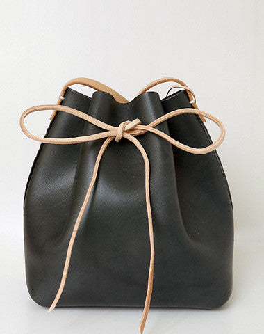 Handmade Womens Black Leather Shoulder Bucket Bags Barrel Purse for Women