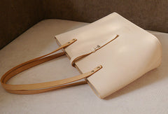 Handmade vintage beige leather normal size tote bag shoulder bag handbag for women