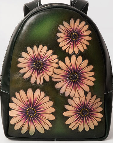 Handmade Leather green floral backpack bag purse shoulder bag phone satchel bag - EverHandmade