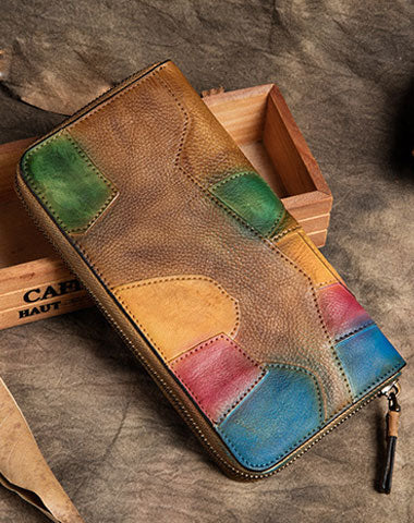 Handmade Long Leather Wallet Stitching Contrast Color Vintage Wallet Zipper Clucth Purse For Men Women - EverHandmade